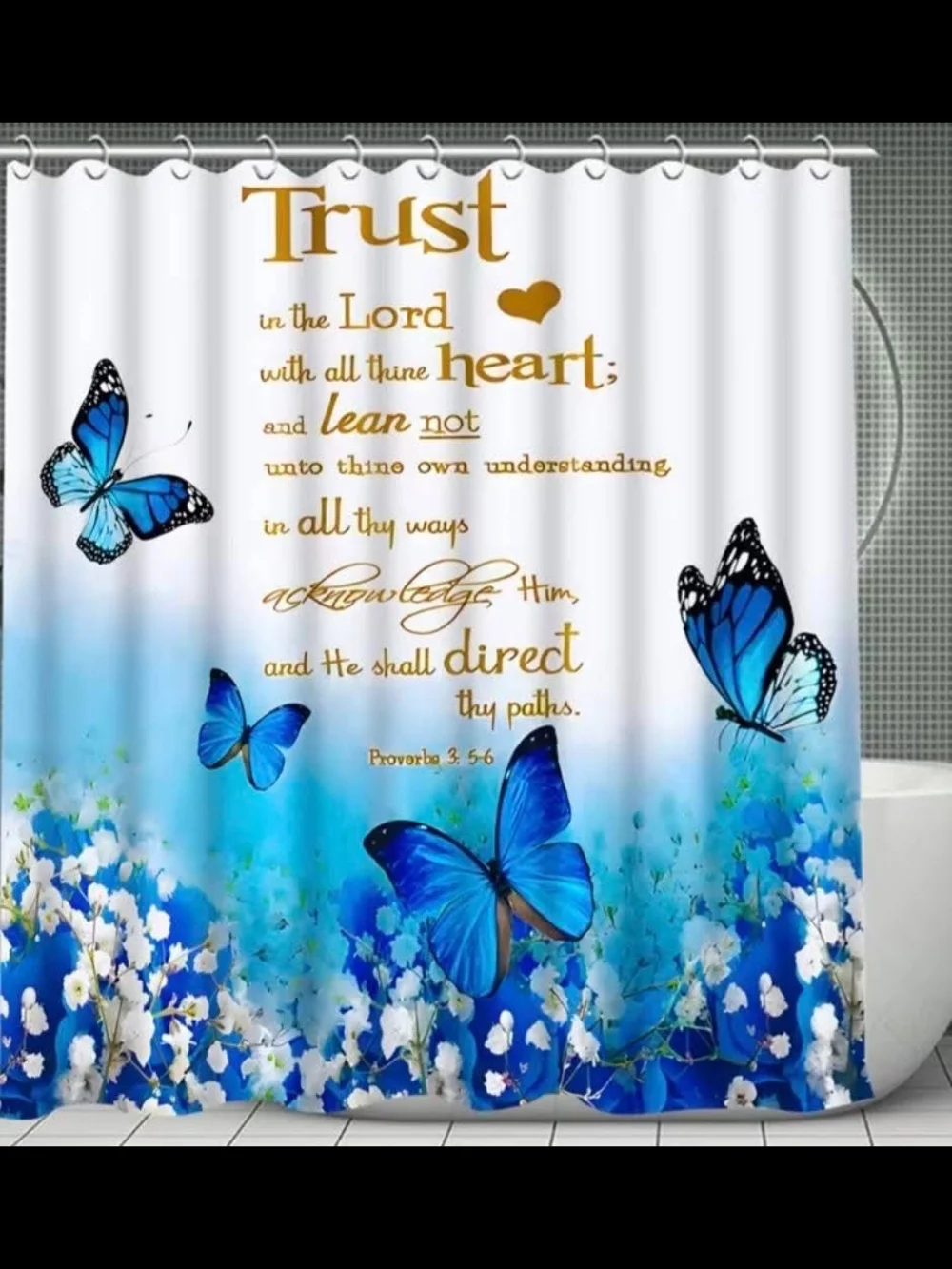 5pc Blue Butterfly Floral Shower Curtain with Inspirational Scripture